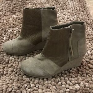 Tom’s Tan suede snakeskin shaft wedge heel booties